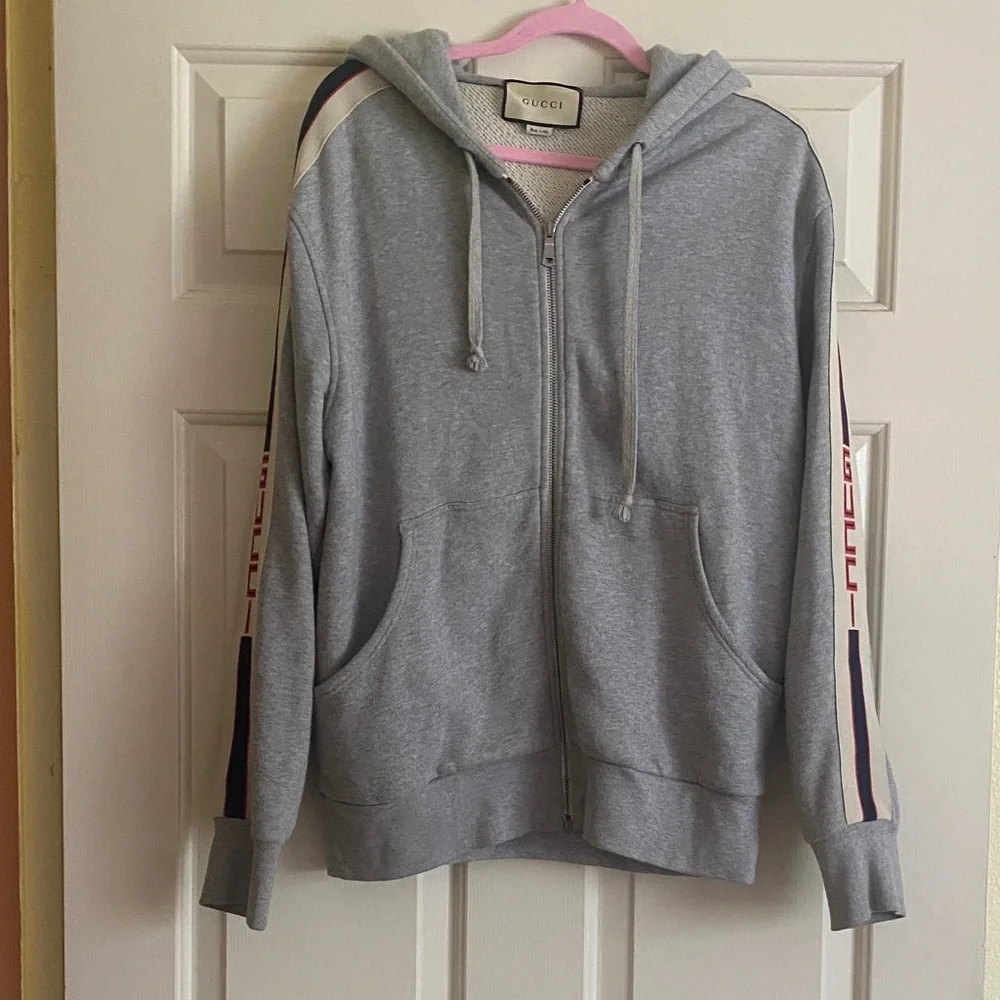 NWOT Gucci Men Light Gray Hoodie with Logo Stripes, Size M